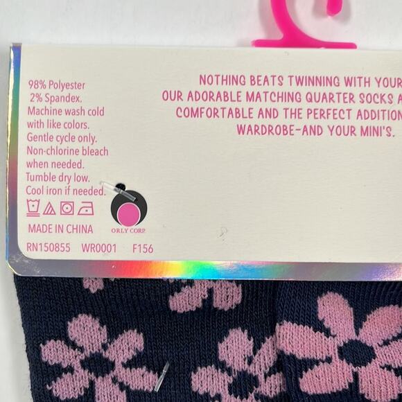 Willow & Ruby Sock Set 1 Adult 1 Child Navy Quarter Sock Blue with Pink Flowers - Picture 7 of 9